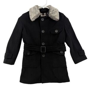 Burberry Coat‎ Youth 6Y Black Belted Faux Fur Collar Nova Check Lining Trench